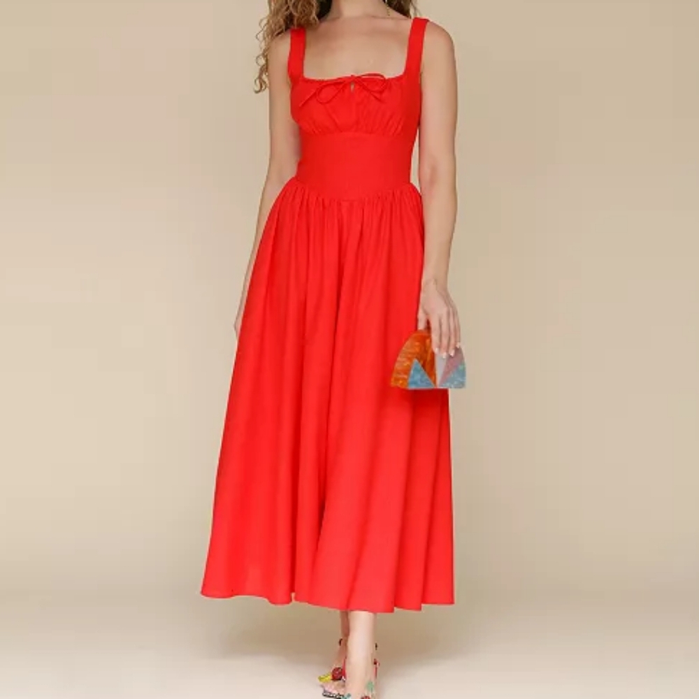 Avec Les Filles Women's Solid Drop-Waist Midi Dress Red Size L BNWT